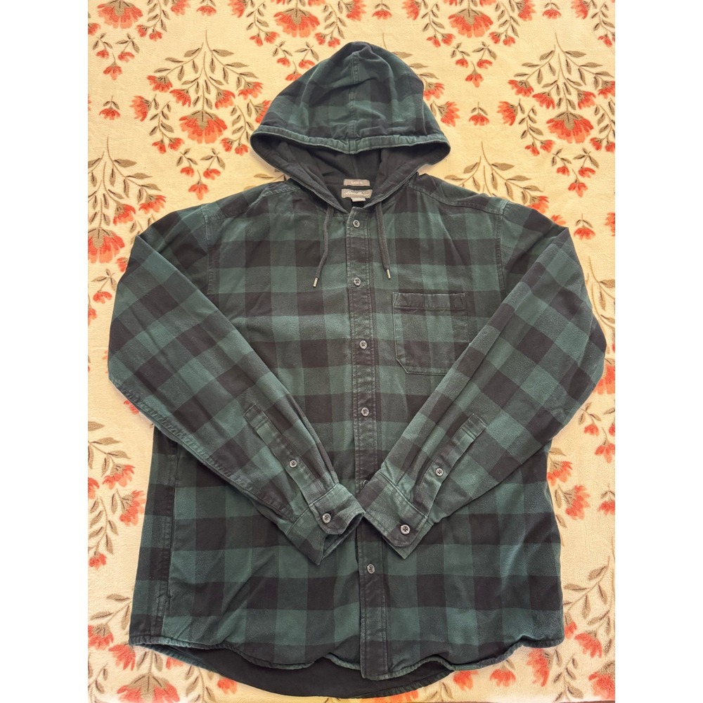 Eddie Bauer Mens Large Green Black Buffalo Plaid Lined Hooded Flannel Shirt L